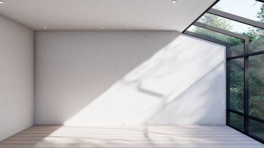 Boş iç oda gölge duvarı arka planı mimari güneş ışığını taklit ediyor. boş ev modern pencere ışıklandırması daire tasarımı ev içinde beyaz ev. boş küçük konsept arkaplan parlak temiz.