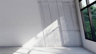 Boş iç oda gölge duvarı arka planı mimari güneş ışığını taklit ediyor. boş ev modern pencere ışıklandırması daire tasarımı ev içinde beyaz ev. boş küçük konsept arkaplan parlak temiz.