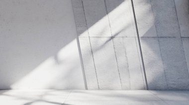 Boş iç oda gölge duvarı arka planı mimari güneş ışığını taklit ediyor. boş ev modern pencere ışıklandırması daire tasarımı ev içinde beyaz ev. boş küçük konsept arkaplan parlak temiz.
