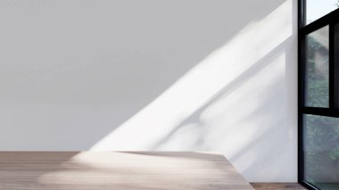 Boş iç oda gölge duvarı arka planı mimari güneş ışığını taklit ediyor. boş ev modern pencere ışıklandırması daire tasarımı ev içinde beyaz ev. boş küçük konsept arkaplan parlak temiz.