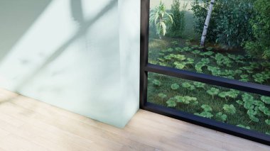 Boş iç oda gölge duvarı arka planı mimari güneş ışığını taklit ediyor. boş ev modern pencere ışıklandırması daire tasarımı ev içinde beyaz ev. boş küçük konsept arkaplan parlak temiz.