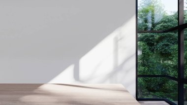Boş iç oda gölge duvarı arka planı mimari güneş ışığını taklit ediyor. boş ev modern pencere ışıklandırması daire tasarımı ev içinde beyaz ev. boş küçük konsept arkaplan parlak temiz.