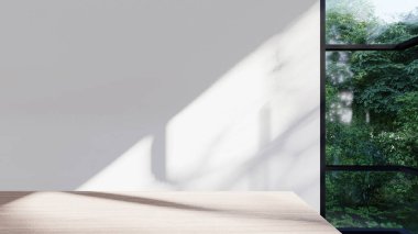 Boş iç oda gölge duvarı arka planı mimari güneş ışığını taklit ediyor. boş ev modern pencere ışıklandırması daire tasarımı ev içinde beyaz ev. boş küçük konsept arkaplan parlak temiz.