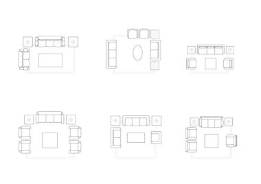 Kanepe ve oturma odası mobilyalarının detaylı mimari çizimi, yer planları, iç tasarım projeleri ve mimari sunumlar için mükemmel.
