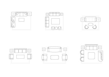 Kanepe ve oturma odası mobilyalarının detaylı mimari çizimi, yer planları, iç tasarım projeleri ve mimari sunumlar için mükemmel.