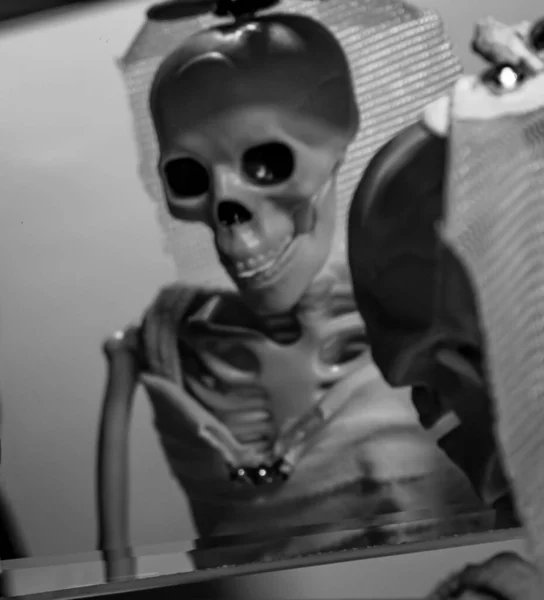 Fekete Fehér Egy Csontváz Menyasszonyának Tükörképe Tükörben — Stock Fotó