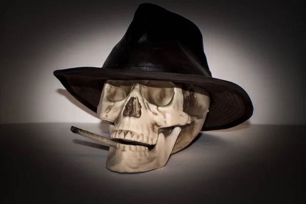 Skeleton Κρανίο Φορώντας Ένα Δερμάτινο Καπέλο Outback Καπνίζει Ένα Στέκι — Φωτογραφία Αρχείου