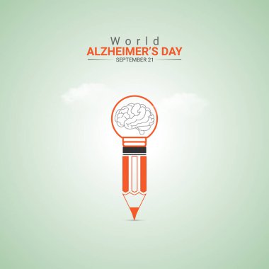 Dünya Alzheimer Günü yaratıcı reklam tasarımı. Beyin, el ve ampul vektörü arka plan için şablona izole edildi. Alzheimer Posteri, vektör, 3D, illüstrasyon, Sep 21. Önemli gün, tatil konsepti..