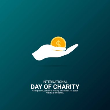 Uluslararası Yardım Günü Yaratıcı Reklamlar Tasarımı. Bağış, bağış, madeni para ikonu arka plan için Şablon 'da izole edildi. Charity Poster, vektör, 3D, illüstrasyon, 5 Eylül. Önemli gün, tatil konsepti..