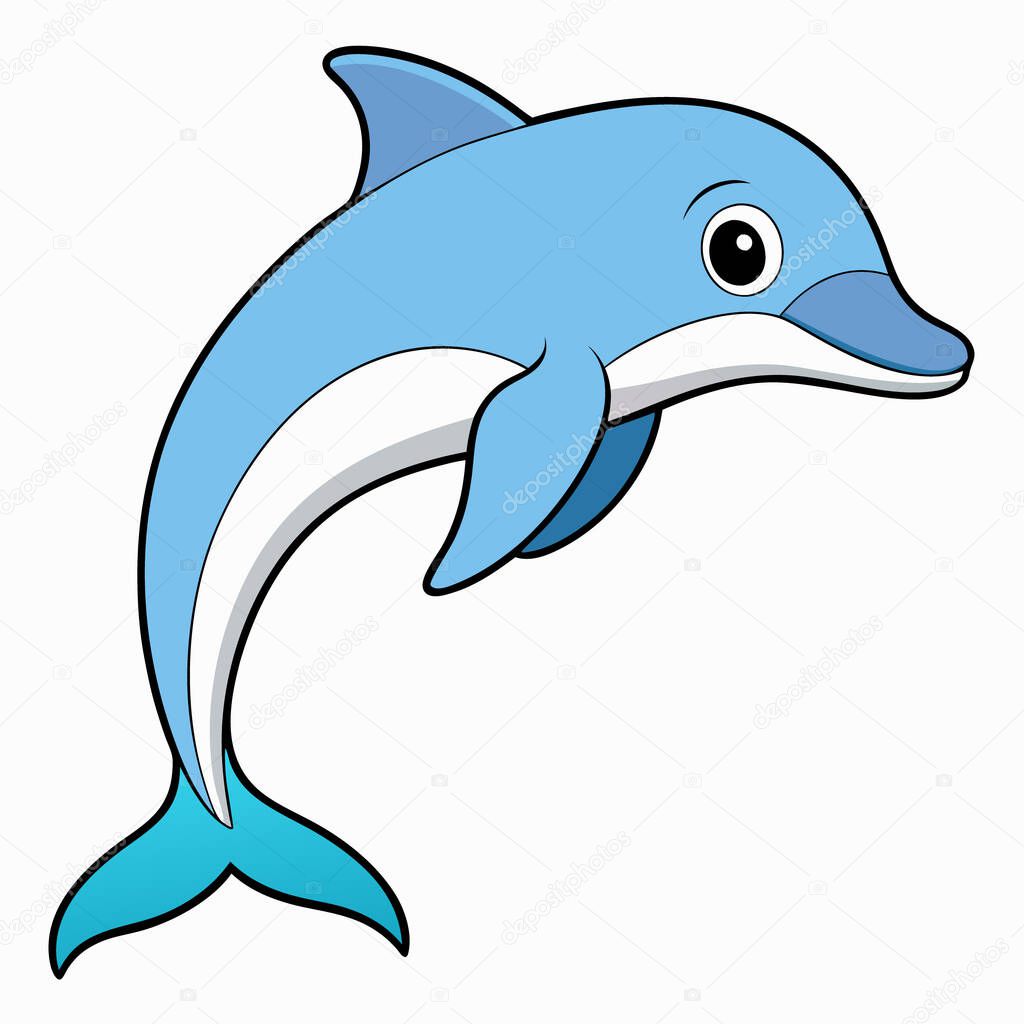 Vector cute dolphin is isolated on the white background. Flat Cartoon Style. Cute Dolphin Cartoon