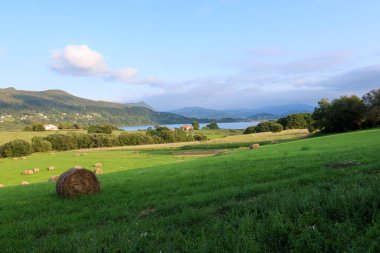 Mundakako Itsasadarra Nehri, Busturia 'nın huzurlu köyünden akar. Sonbaharın başlarında, saman balyaları ön plandaki yeşil çayırlar, arka plandaki gür ağaçlık tepeler. Bask Ülkesi