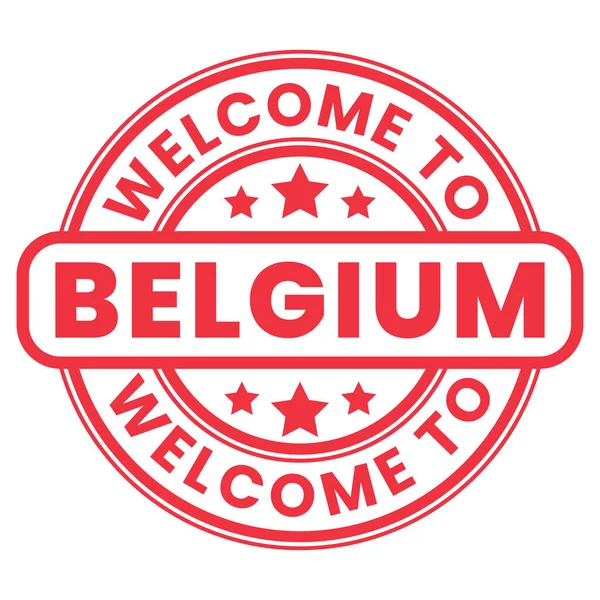 Červené Vítejte Belgie Znamení Razítko Nálepka Hvězdami Vektorové Ilustrace — Stockový vektor