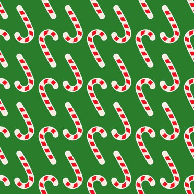 Düz Beyaz ve Kırmızı Şeker Çubuğu Yeşil Arkaplan vektör illüstrasyonunda Kusursuz Desen