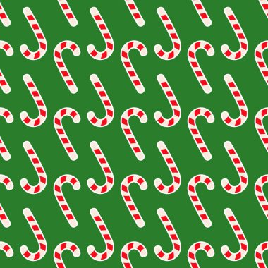 Düz Beyaz ve Kırmızı Şeker Çubuğu Yeşil Arkaplan vektör illüstrasyonunda Kusursuz Desen