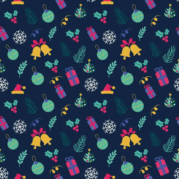 Düz Çizgi Film Noeli Kusursuz Düzen. Noel Ağacı, Ağaç Oyuncakları, Çıngırak Çanları, Çubuklar ve Kar Taneleri vektör çizimi