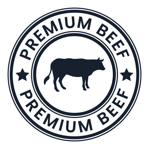 Dark Grey Premium Beef stamp sticker with Cow icon and Stars vector illustration