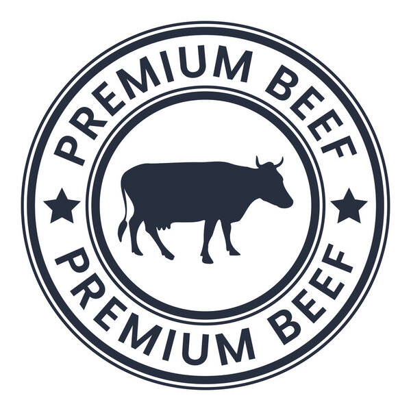 Dark Grey Premium Beef stamp sticker with Cow icon and Stars vector illustration