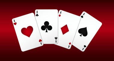 Koyu kırmızı arka planda Dörtlü Aces Card Suits. Poker ve Kumarhane vektör çizimi