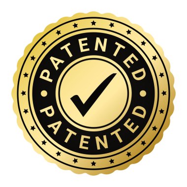 Altın ve Siyah Patentli Teknoloji Tik ikon vektör illüstrasyonlu kauçuk pulu izole etti