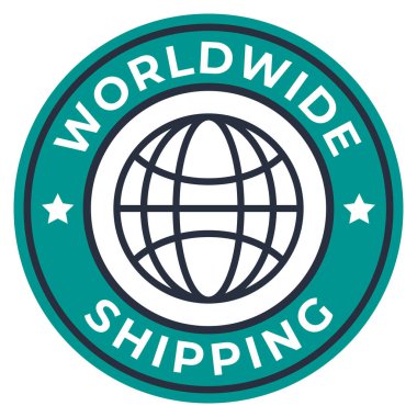 Dark Cyan Worldwide Shipping, Globe ve Stars ikon vektör ilüstrasyonlu izole pul etiketi