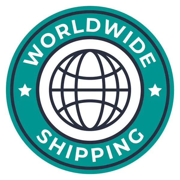 Dark Cyan Worldwide Shipping, Globe ve Stars ikon vektör ilüstrasyonlu izole pul etiketi