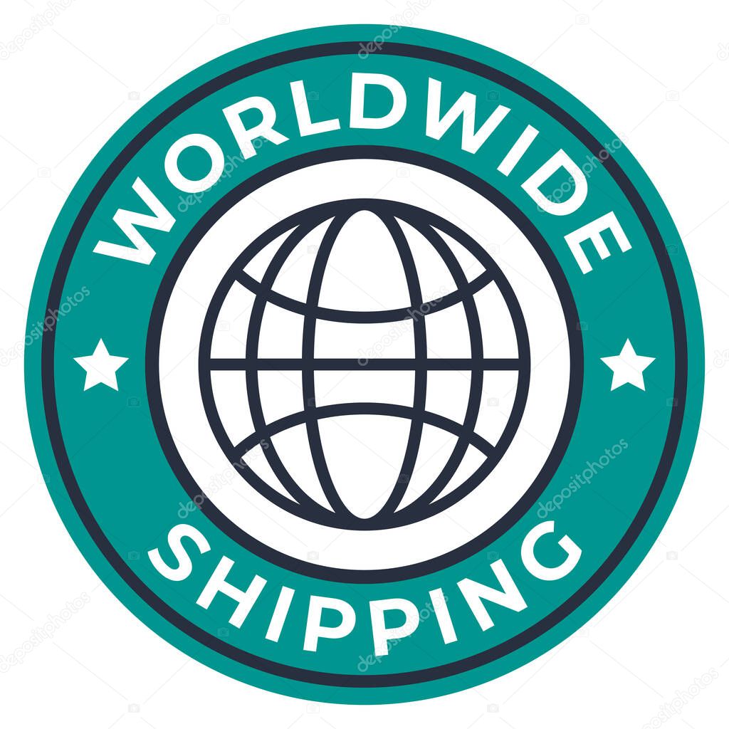 Dark Cyan Worldwide Shipping isolated stamp sticker with Globe and Stars icons vector illustration