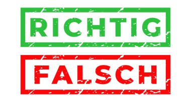 Kırmızı ve Yeşil Richtig ve Falsch Alman izole edilmiş grunge damgası, çıkartma, etiket vektörü