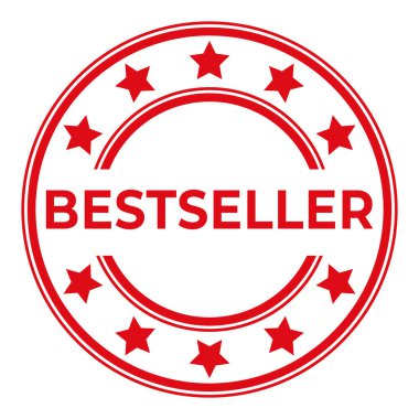 Kırmızı Bestseller izole edilmiş yuvarlak pul, etiket, Stars vektör illüstrasyonu ile imzala
