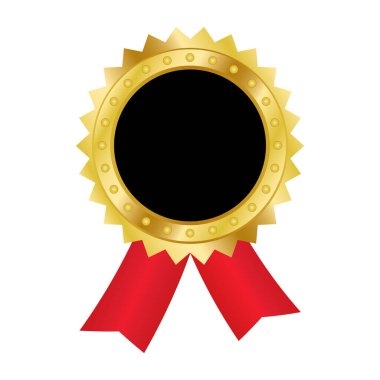 Altın izole madalya, çıkartma, kırmızı kurdele vektör şablonu ile imzala