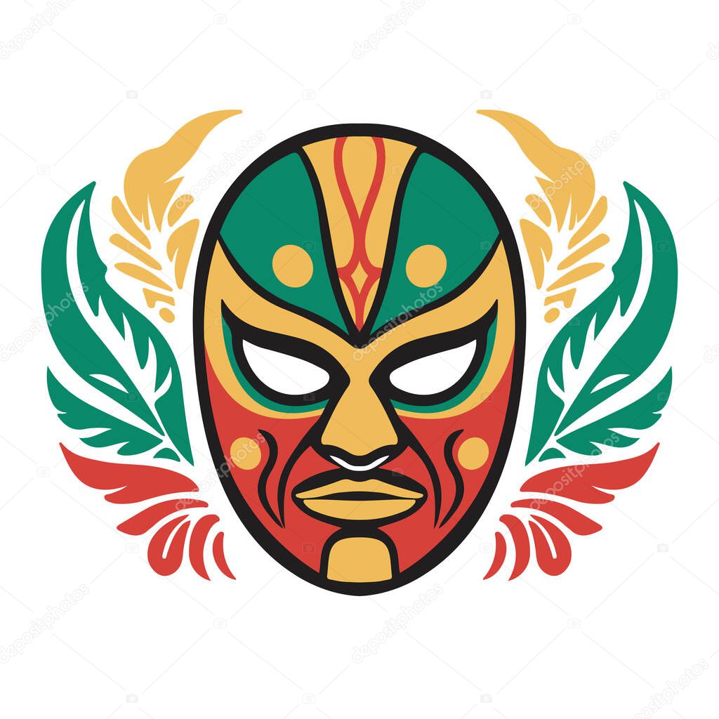 Mexican Wrestler Mask with Colorful Feathers logo, icon, emblem vector illustration