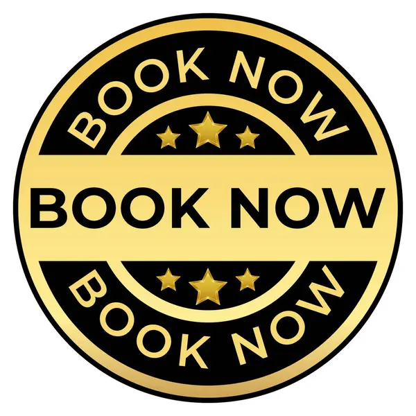 Altın ve Kara Kitap Şimdi izole edilmiş yuvarlak pul, çıkartma, Stars vektör illüstrasyonu ile imzala