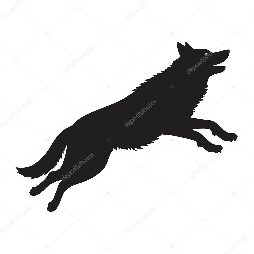 Black and White Dog or Wolf Jumping Silhouette vector template