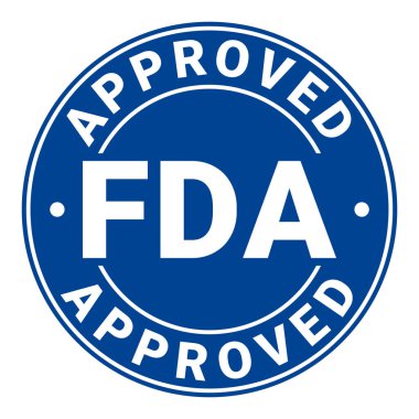 Dark Blue FDA izole edilmiş yuvarlak pul, etiket, imza vektör illüstrasyonunu onayladı