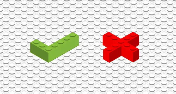 Isometric Green Tick ve Red Cross Brick Toy Plastik arka planı. Yapıcı Blokları Vektör resimlemesini Ayarla
