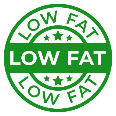 Green Low Fat izole edilmiş yuvarlak damga, çıkartma, Stars vektör illüstrasyonuyla imzala