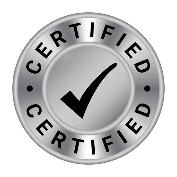 Gümüş Metal sertifikalı izole pul, çıkartma, Tik ikon vektör illüstrasyonlu madalya