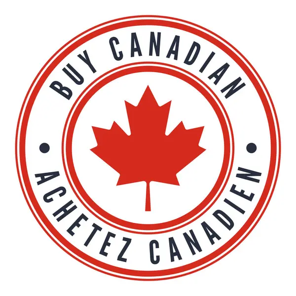 Red Buy Kanada izole etiketi, işaret, işaret. Kanada Bayrak Yaprağı. Fransızca ve İngilizce Dili. Vektör illüstrasyonu.