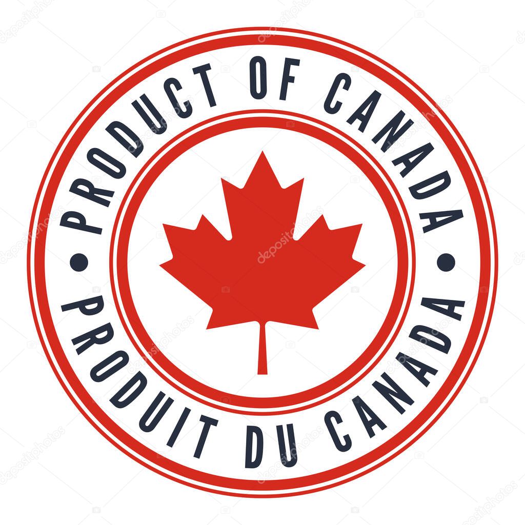 Red Product of Canada isolated sticker, sign, mark. Canadian Flag Leaf. French and English Language. Vector illustration.