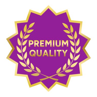 Altın ve Mor İhracat Kalitesi izole pul, etiket, Laurel Çelenk ikon vektör ilüstrasyonuyla imzala