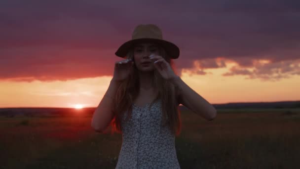 Młoda Dziewczyna Radosnym Nastroju Tańczy Tle Pięknego Letniego Zachodu Słońca — Wideo stockowe