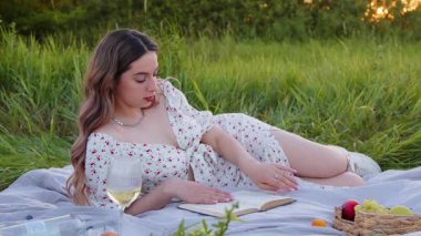 Huzurlu ve huzurlu bir açık hava pikniği. Biraz şarap içerken kitap okuyan bir kadın.