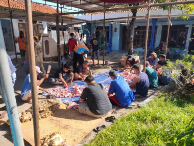 Tegal, INDONESIA, 10 Temmuz 2022 - Bir grup Endonezyalı, Kurban Bayramı kutlamaları için parçalara ayrıldıktan sonra bir grup kuzuyu ayırıyor