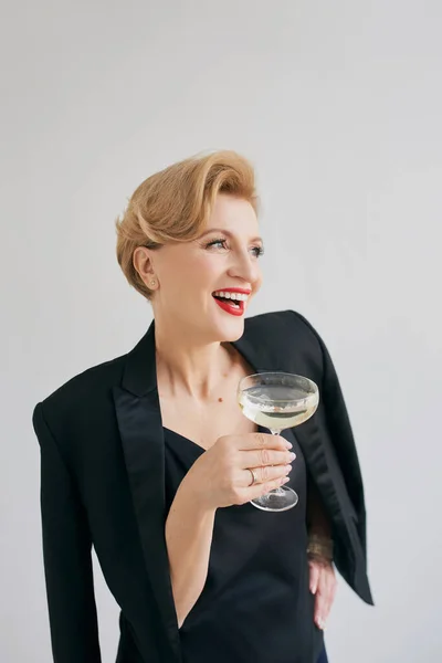 Mature Stylish Elegant Woman Tuxedo Glass Sparkling Wine Party Celebration — Stock Photo, Image