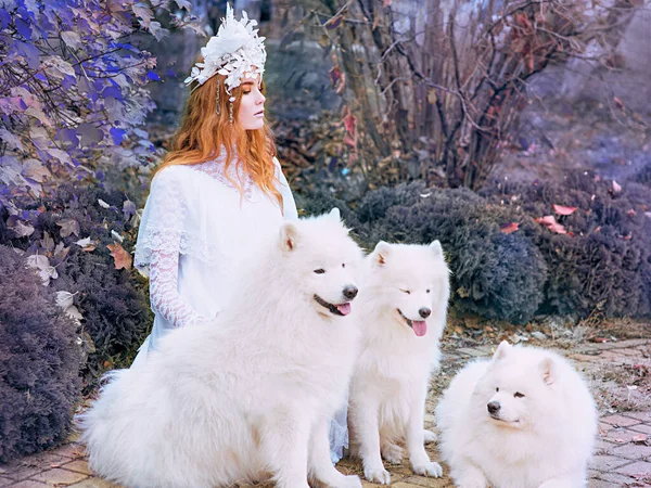 Руда Імбир Красива Молода Дівчина Сніжна Принцеса Довгій Білій Сукні — стокове фото