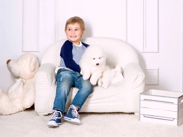 Sonriente Niño Tres Años Jugando Con Cachorro Blanco Samoyed Estudio —  Fotos de Stock