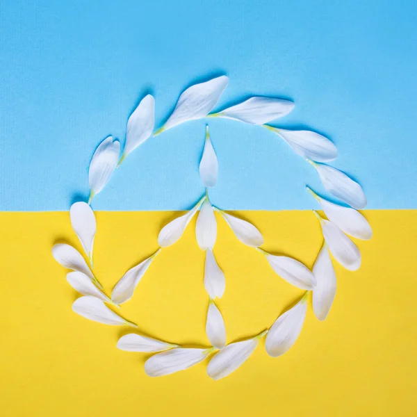 peace sign of white petals on the blue and yellow background. Ukraine flag colors