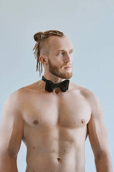 Portrait Handsome Caucasian Athletic Young Man Topless Leather Bow Tie — Stock Photo, Image