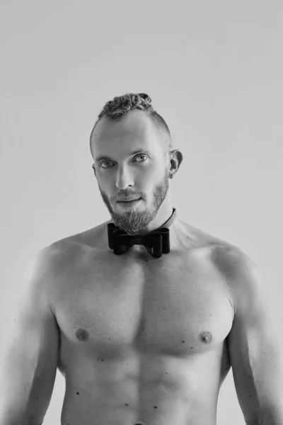 Monochrome Portrait Handsome Caucasian Athletic Young Man Topless Leather Bow — Stock Photo, Image