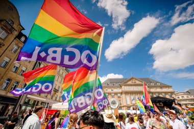 Esch-Sur-Alzette, Luxembourg - July 13, 2024 - Luxembourg Pride. Equality March. LGBTQ+, EU, Ukrainian flags. 