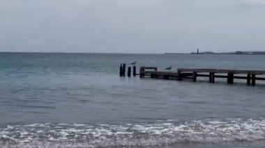 Açık gökyüzüne karşı ahşap iskele. Yüksek kalite 4K görüntü. Kuzey Denizi boyunca kum tepelerinin manzarası. Baltık Denizi 'nin Danimarka kıyılarında nefes kesici bir manzara. Bulutlar ve güneş denizin ve iskelenin üzerinde. 